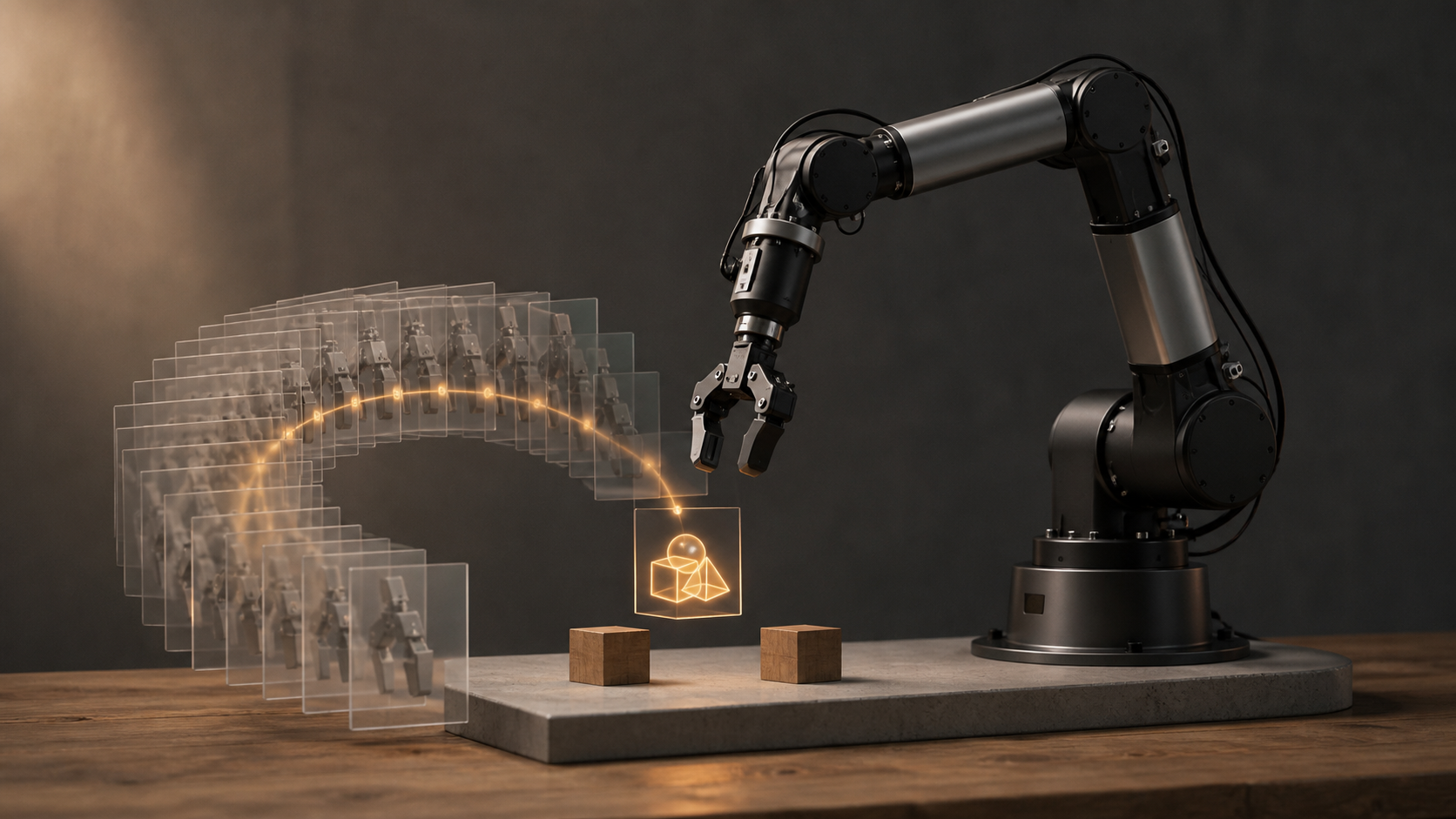 Editorial illustration of a generic robot arm above blocks, with transparent motion frames resolving into a glowing geometric token.