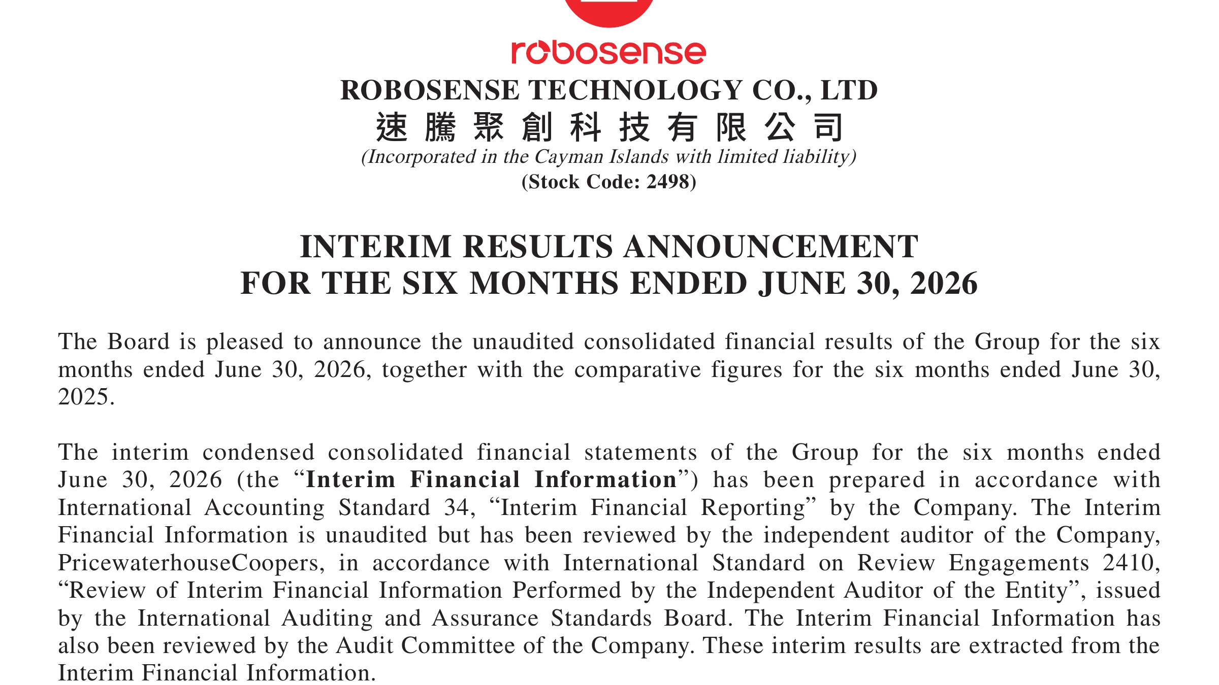 First page of RoboSense's Hong Kong exchange filing, identifying the company and its interim results announcement for the six months ended June 30, 2026.