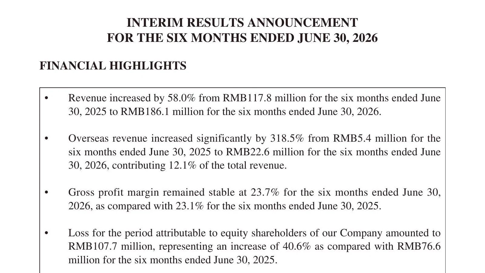 Financial highlights page from Robotphoenix’s official first-half 2026 results announcement, showing revenue growth and the reported loss.