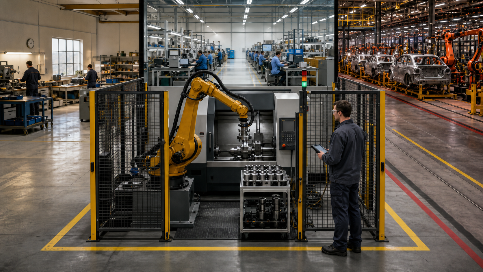 A technician supervises a guarded industrial robot cell between low-volume, electronics, and automotive production settings