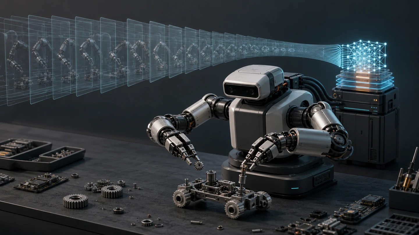 Conceptual bimanual robot assembling a mechanism as a long stream of observation frames compresses into a small fast-weight lattice
