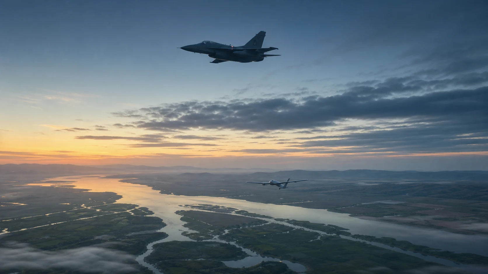 A generic fighter jet and an unmarked unmanned aircraft over a river delta at dawn