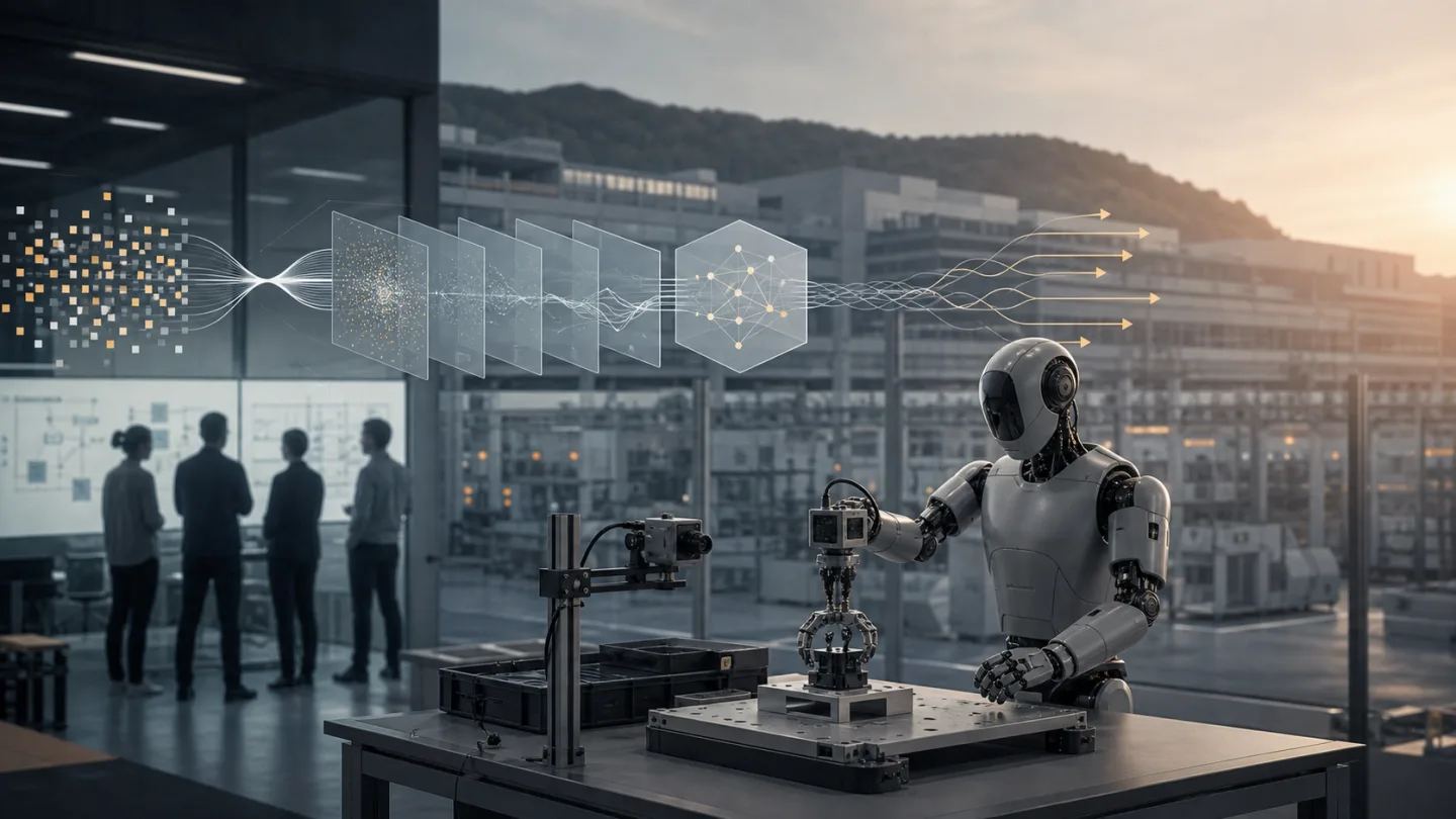Generic humanoid robot evaluates a workcell beside a camera and force-sensing gripper in an industrial research setting
