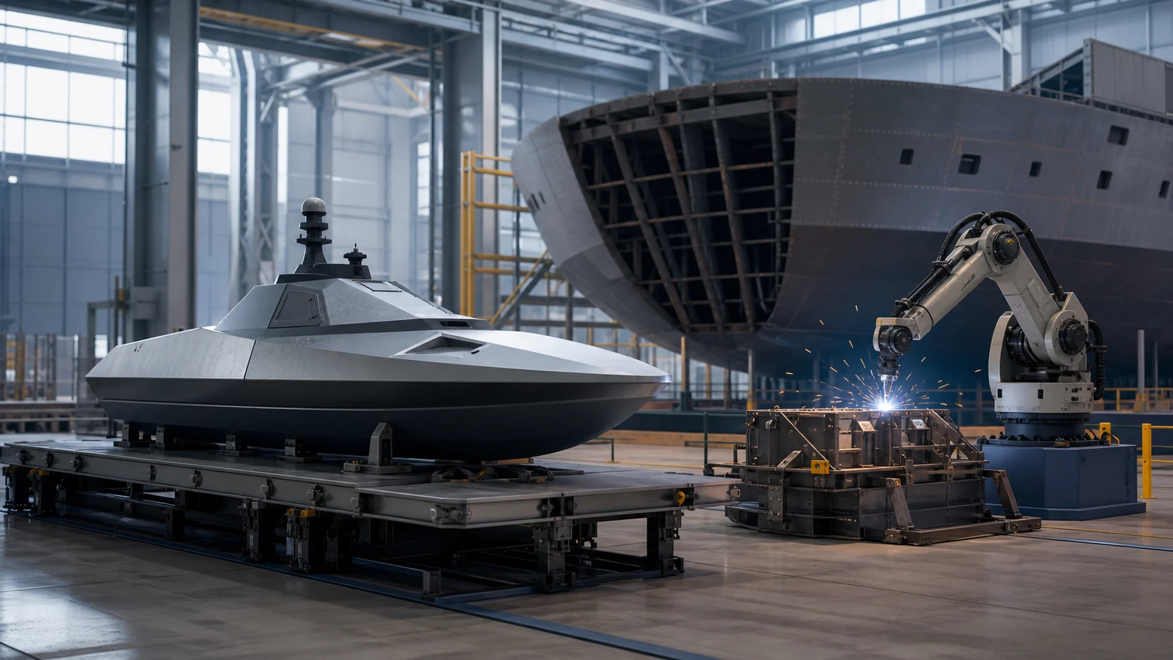 A generic autonomous surface vessel beside an industrial robot arm inside a shipyard production bay