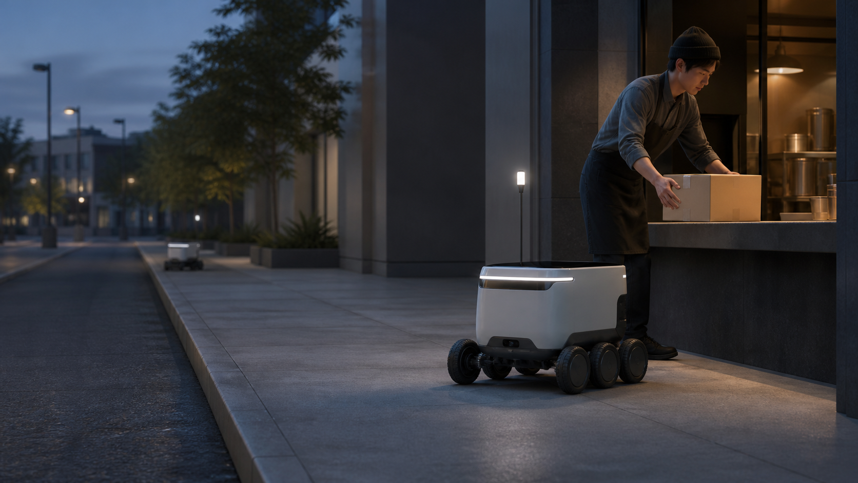 A generic sidewalk delivery robot waits beside a merchant handoff area while a worker handles a plain parcel.