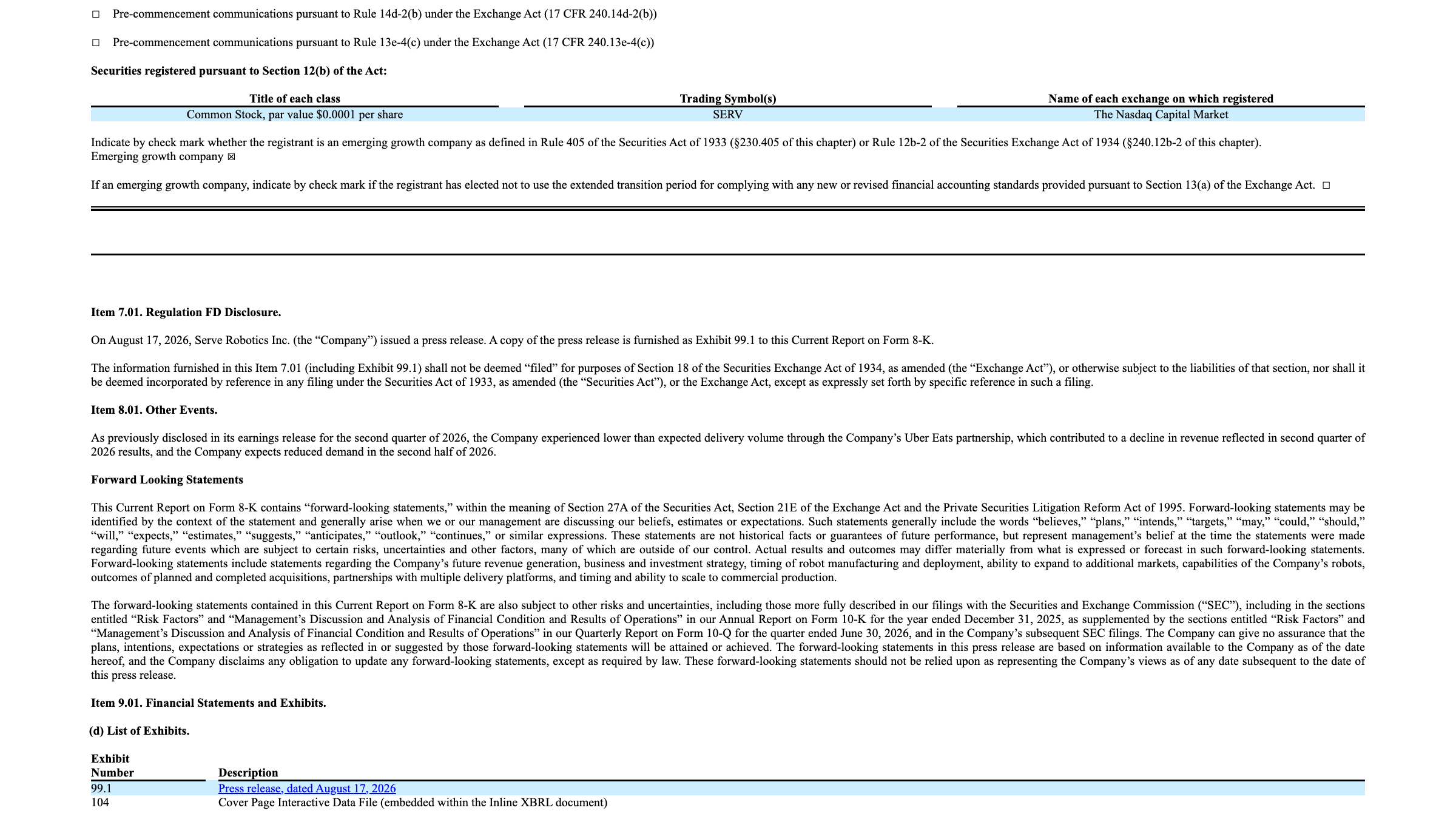 Excerpt from Serve Robotics’ August 17, 2026 Form 8-K on lower Uber Eats delivery volume and expected reduced demand.