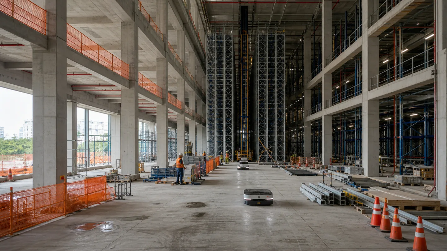 Editorial illustration of an automated storage system being installed inside a large grocery distribution centre under construction