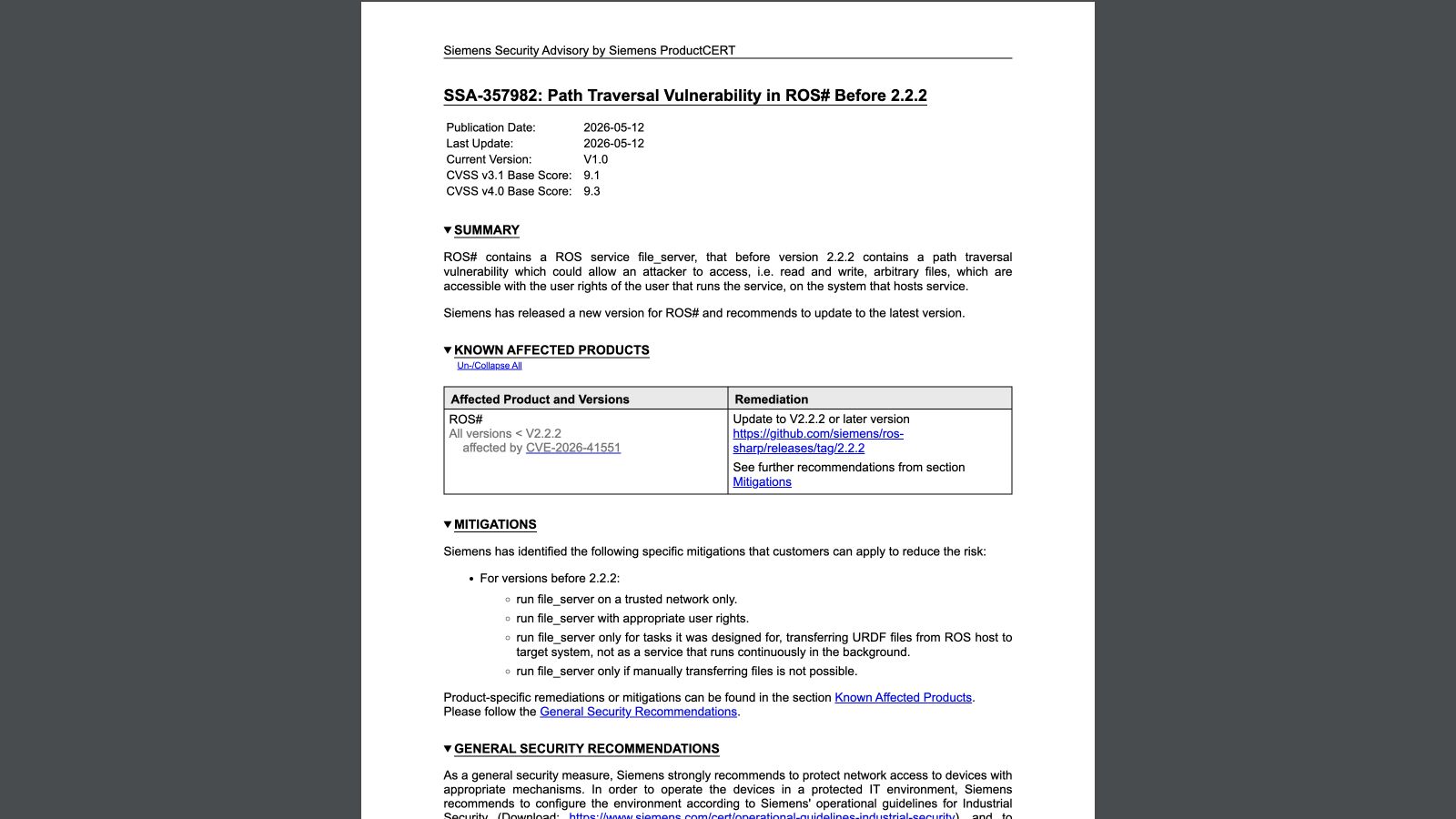 Siemens ProductCERT advisory page for a ROS# path-traversal vulnerability affecting versions before 2.2.2