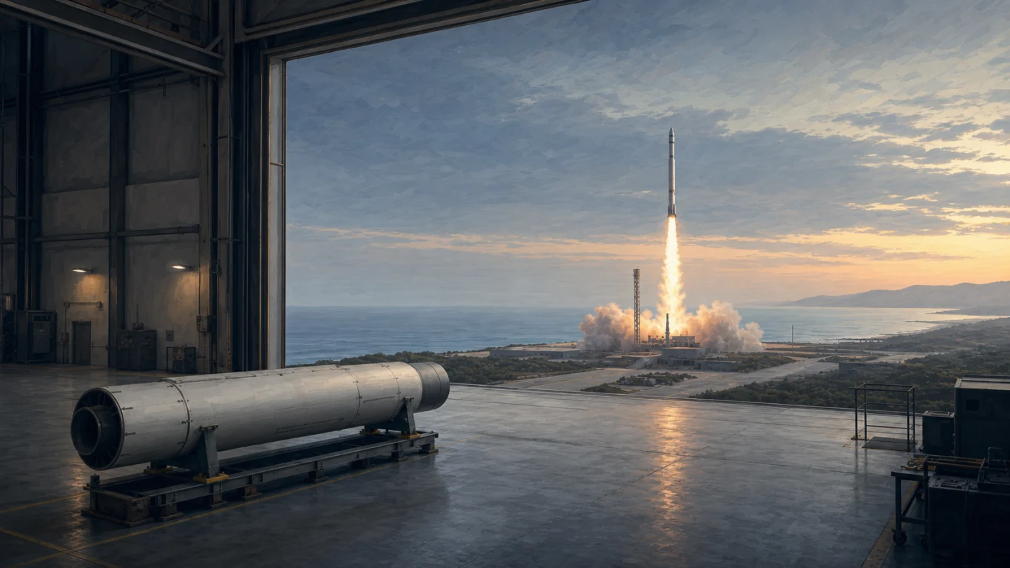 Editorial illustration of one small rocket lifting off beyond a quiet production bay holding one unfinished rocket stage.