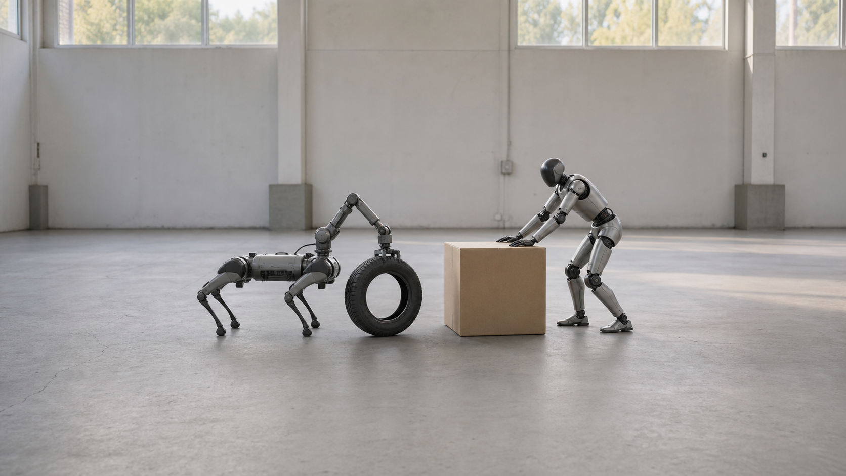 A generic quadruped rolls a tire beside a generic humanoid pushing a cardboard box in an empty test bay.