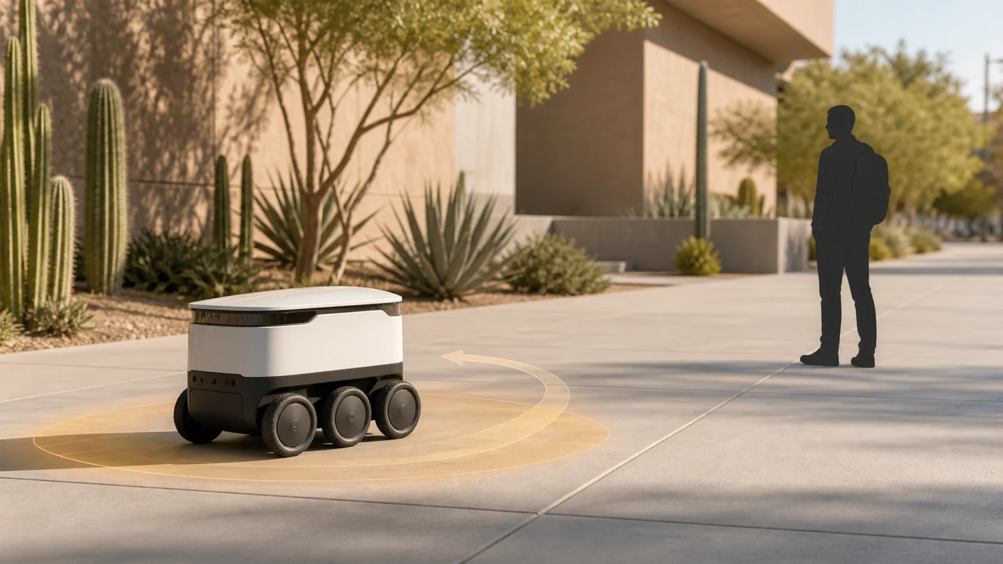 Conceptual illustration of a generic six-wheeled delivery robot stopped several feet from a pedestrian on a campus walkway