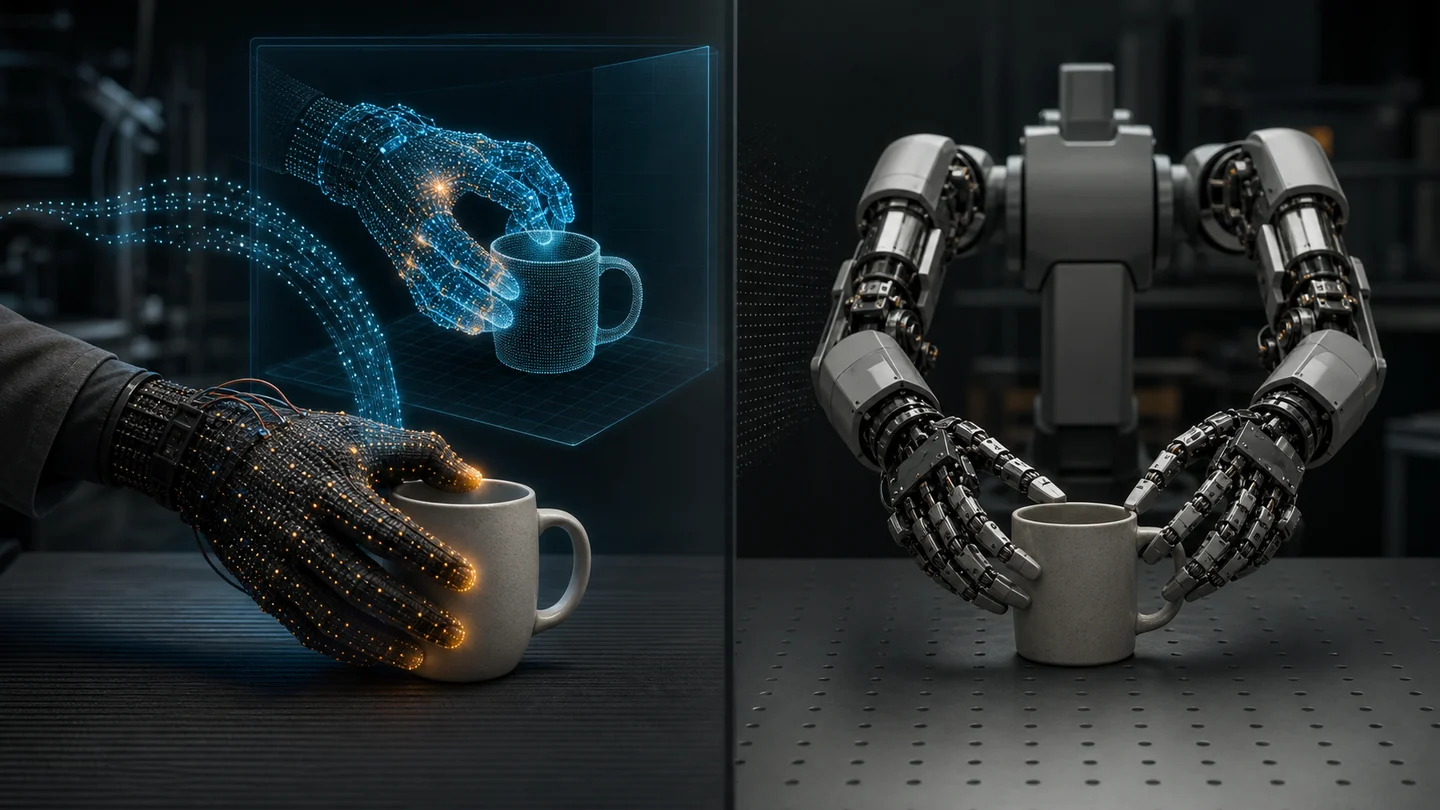 Editorial illustration contrasting a tactile-glove demonstration and simulation with a dual-arm robot manipulating a cup without a visible tactile return signal