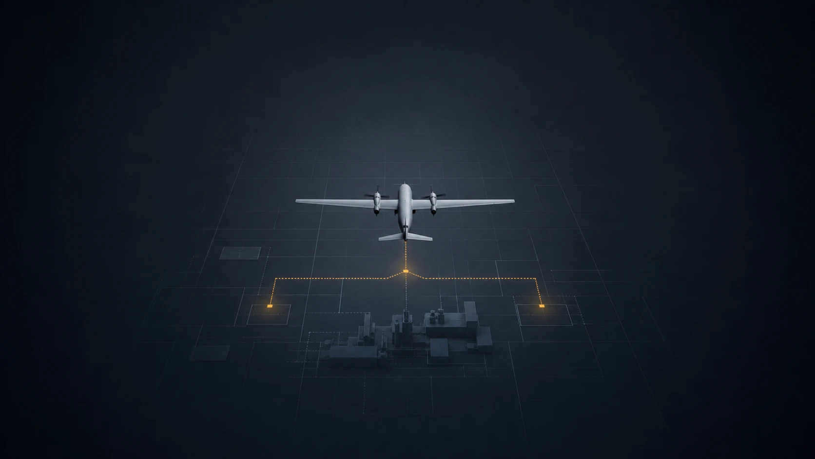 Conceptual illustration of an unmarked twin-engine drone above an abstract factory-production grid.