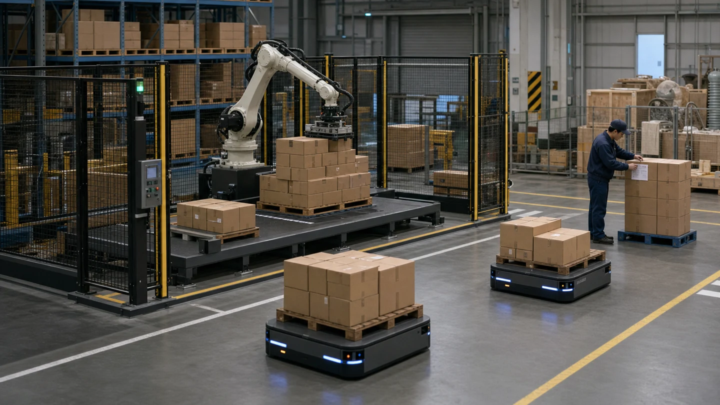 Editorial illustration of a guarded warehouse robot palletizing standard boxes while two guided vehicles move pallets and a worker handles dispatch paperwork