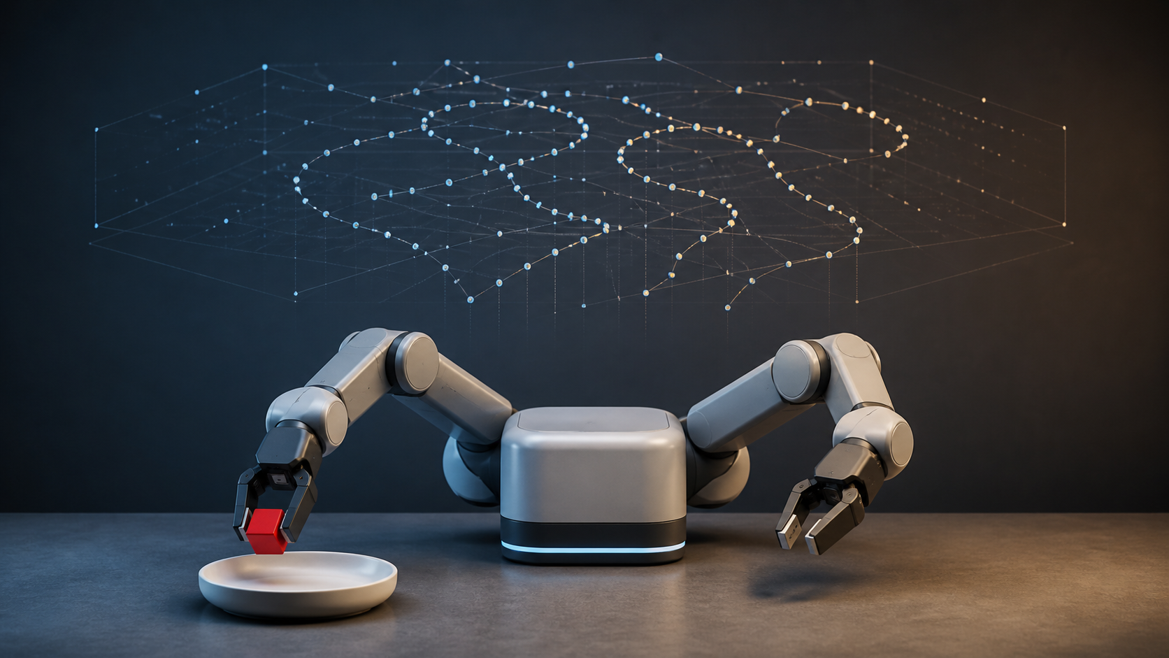 Editorial illustration of a generic dual-arm tabletop robot carrying a red block above a dish beneath abstract tracking paths.