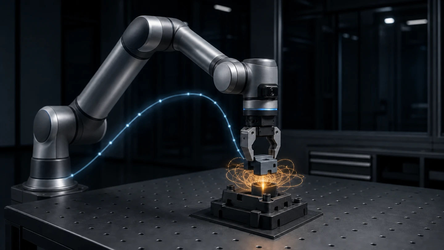 Conceptual illustration of a robot following one planned path before concentrating exploratory motion at a component insertion point