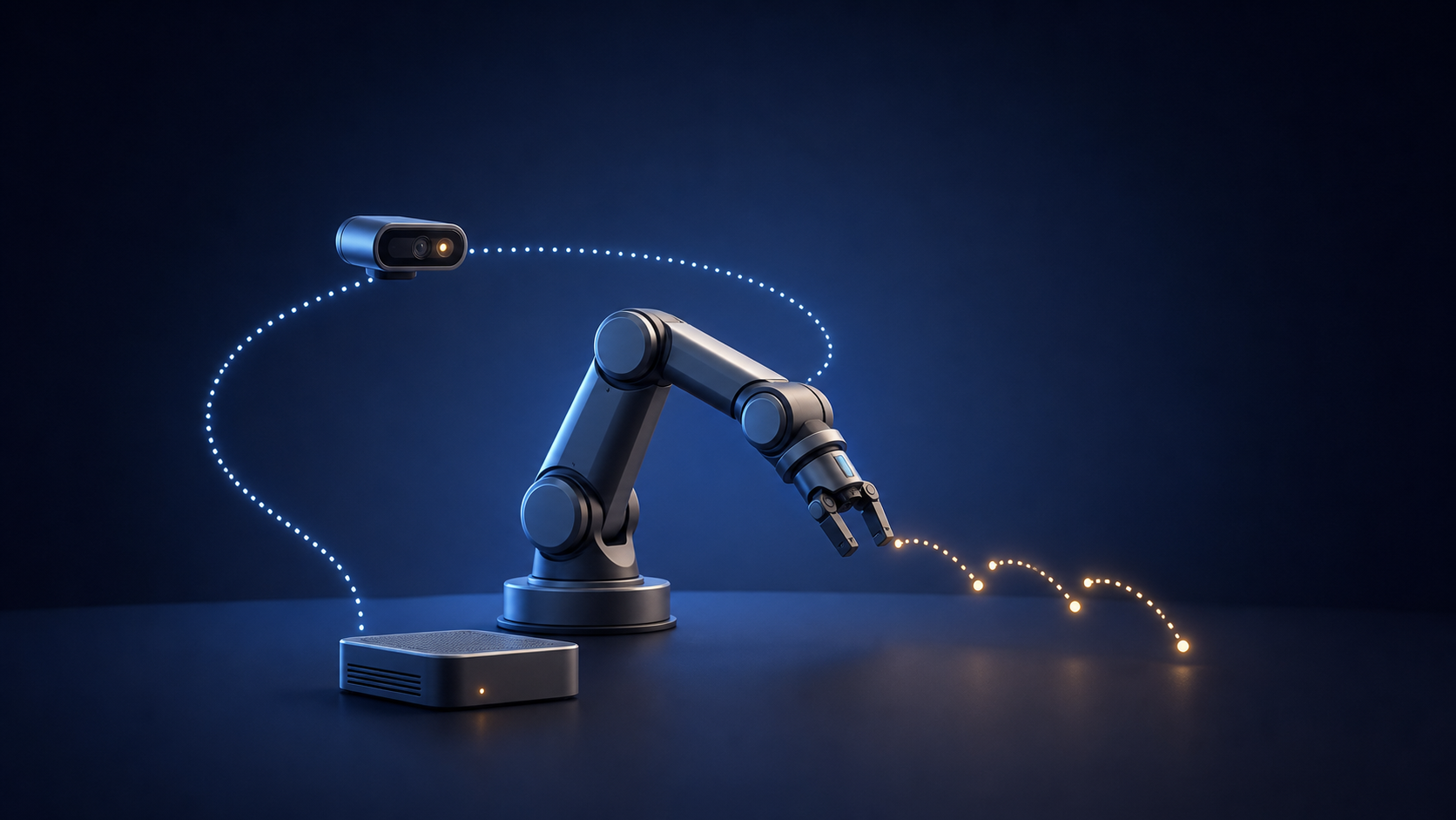 A generic tabletop robot arm beside a compact compute module, with blue sensor dots and a short amber segmented motion path.