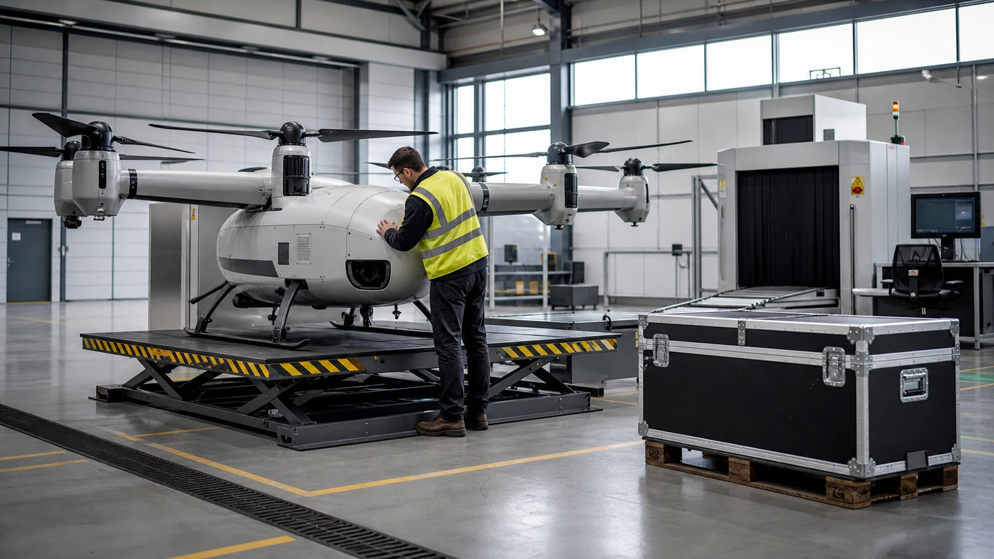 An unarmed cargo drone rests on an inspection platform beside a shipping case while a technician examines its airframe