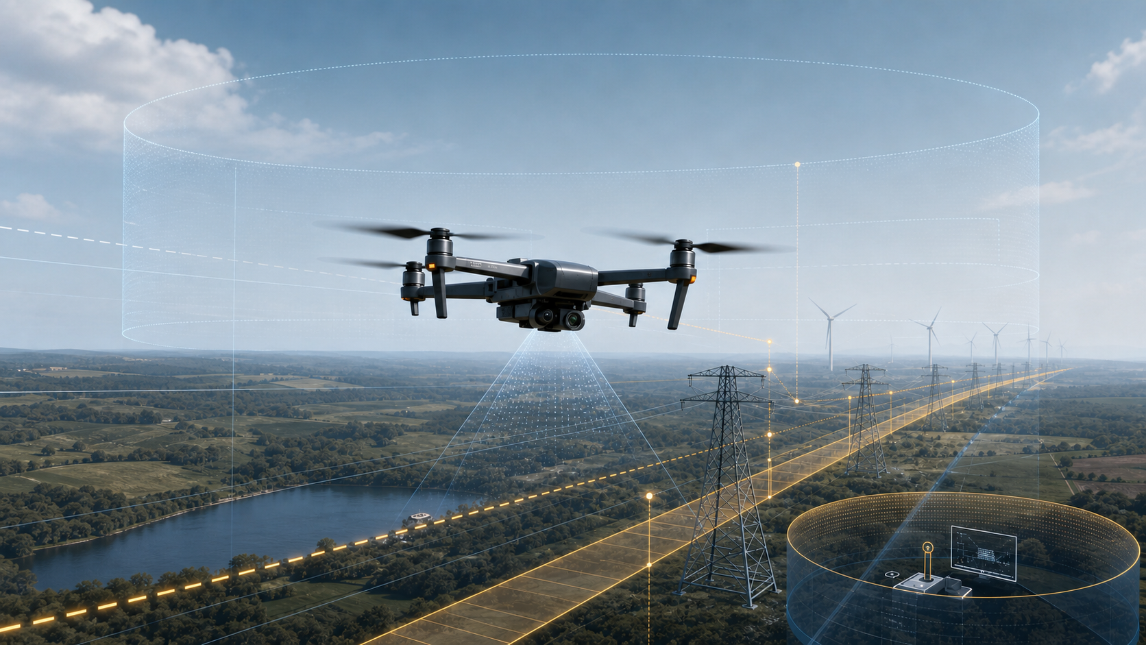 A generic inspection drone above an infrastructure corridor with abstract airspace and identification layers.