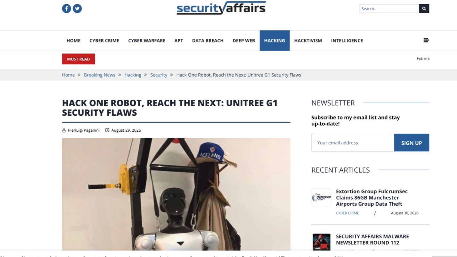 Security Affairs source page reporting Unitree G1 security flaws