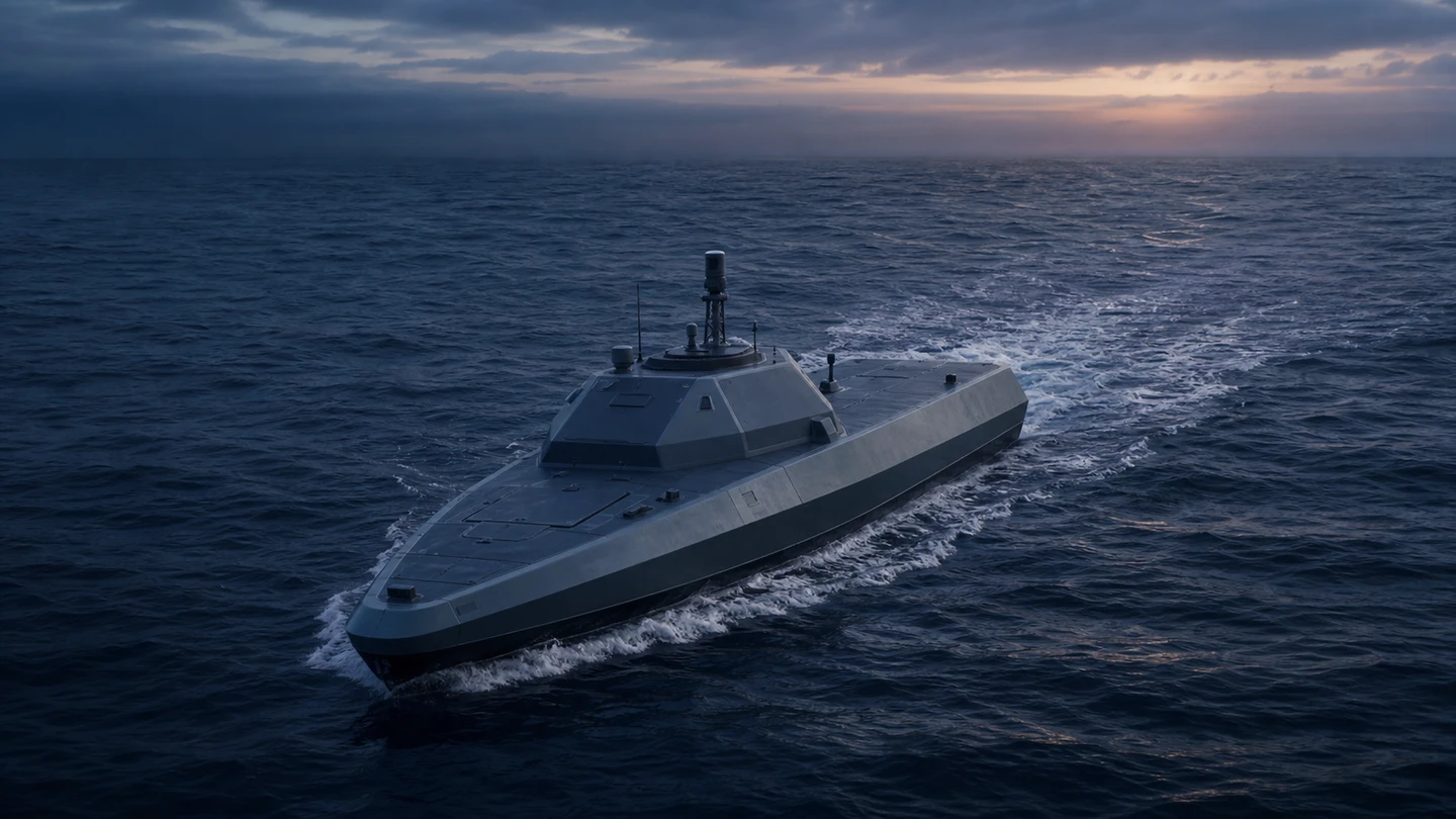 Editorial illustration of a low-profile unmanned surface vessel traveling across open water at dusk
