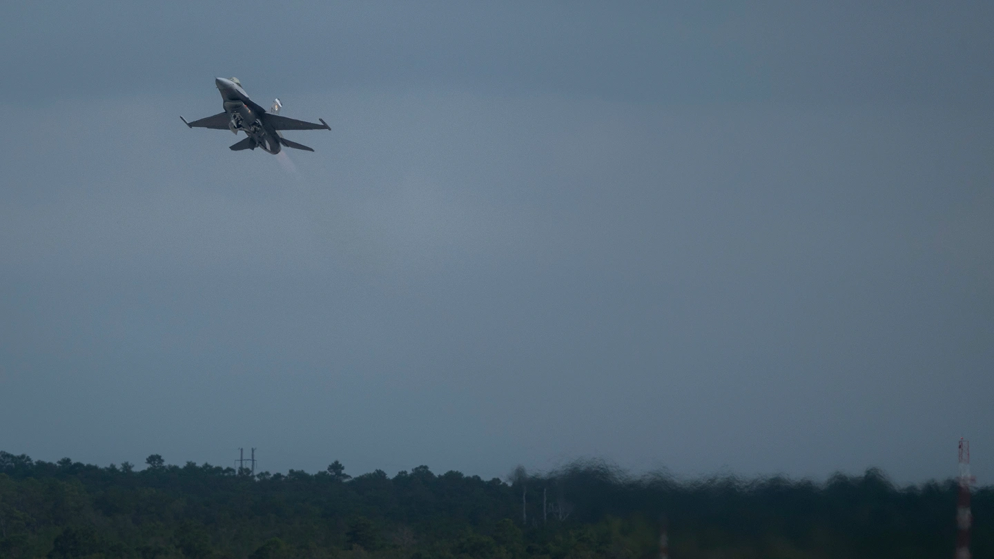 VENOM-modified U.S. Air Force F-16 taking off during autonomous-systems testing at Eglin Air Force Base