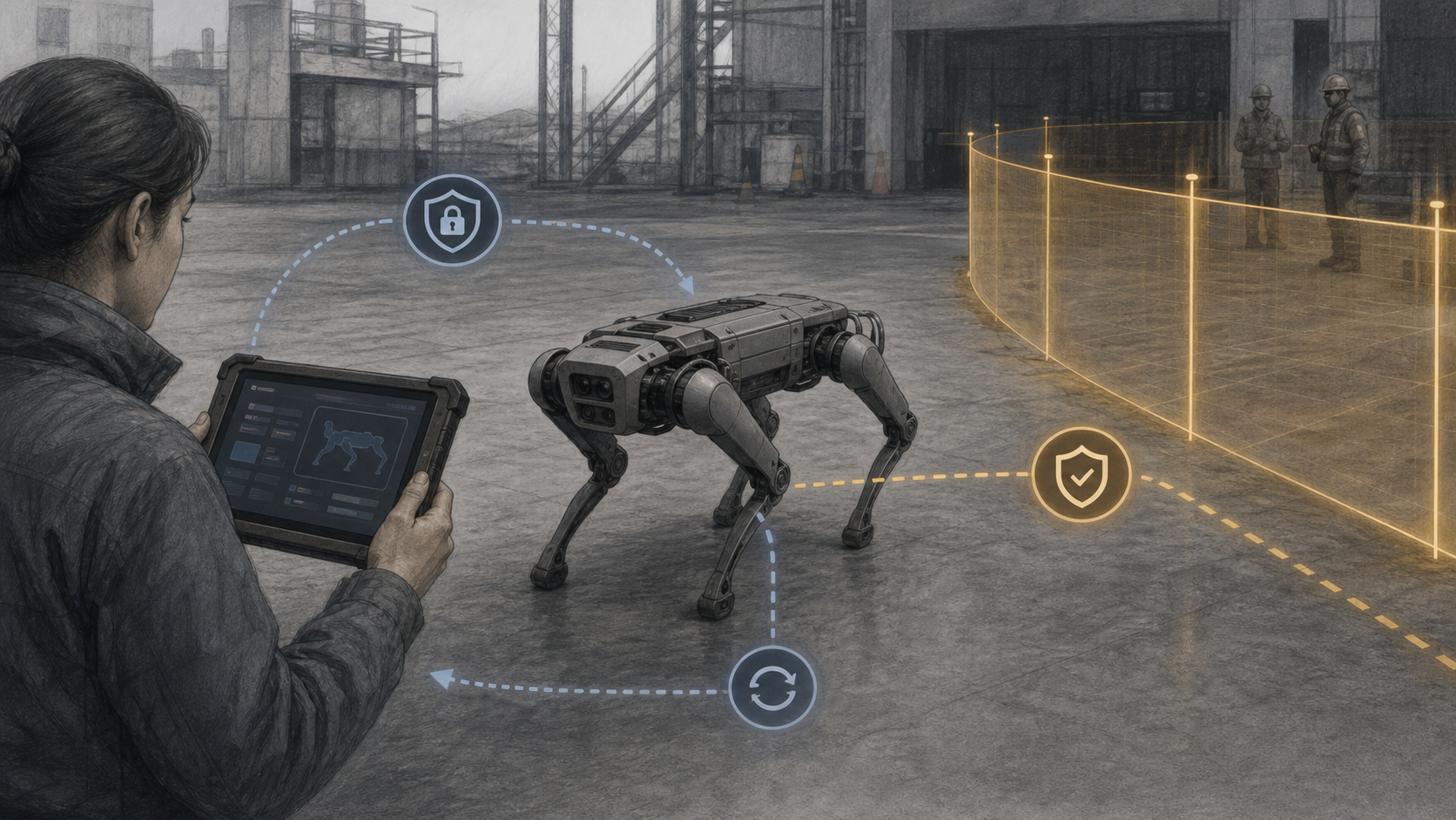 A generic quadruped robot and operator tablet sit inside a networked safety boundary