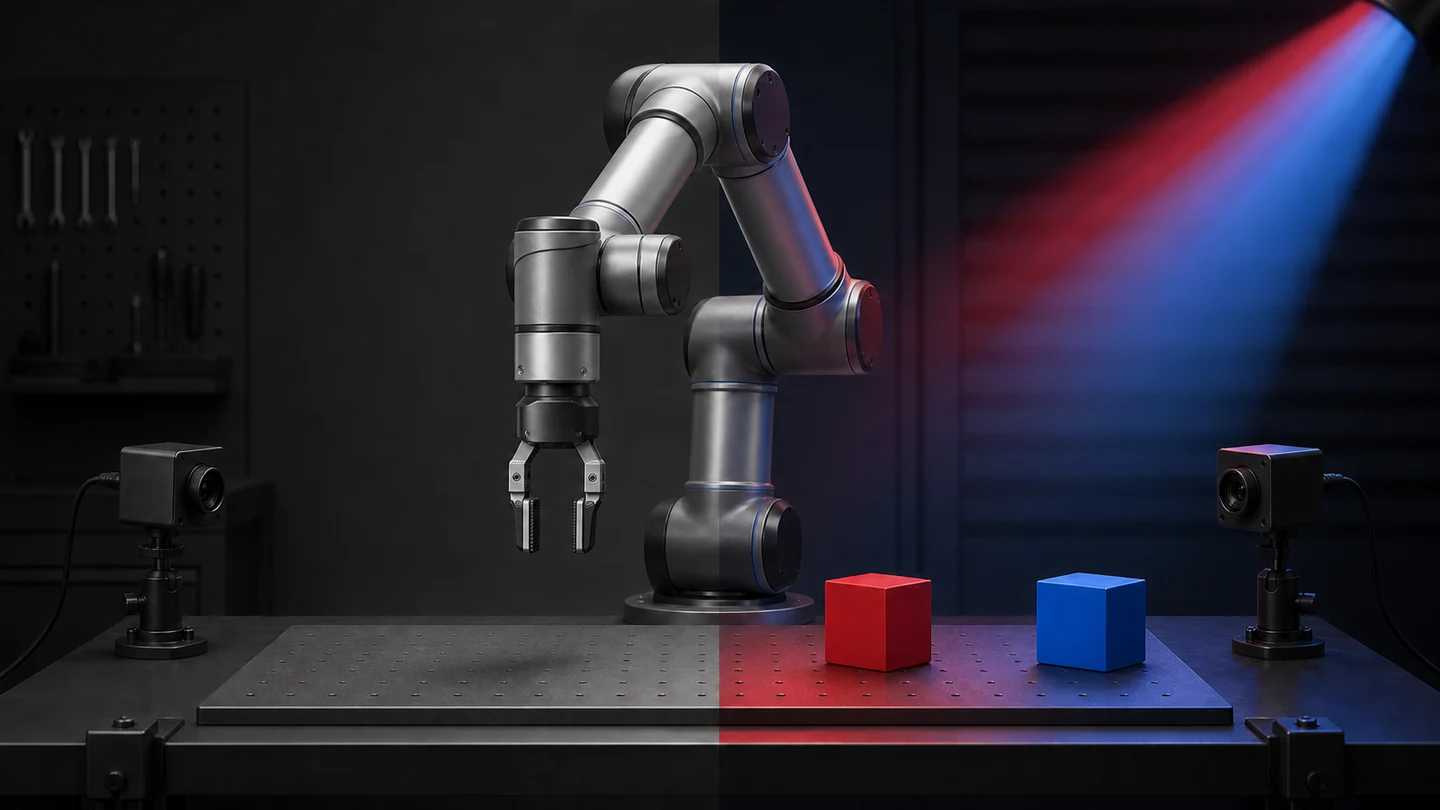 Conceptual robot arm viewing red and blue cubes across desaturated and color-preserving halves of a lit workbench