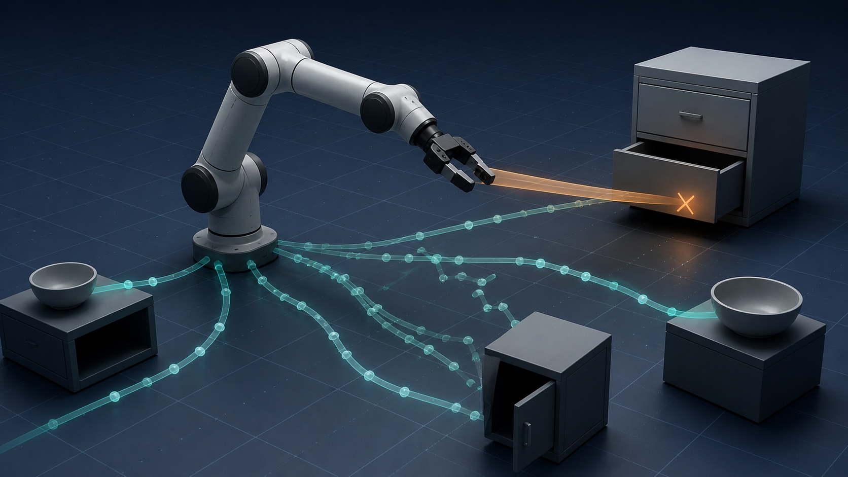 Editorial illustration of a simulated robotic arm with teal action paths and one amber failed drawer path.