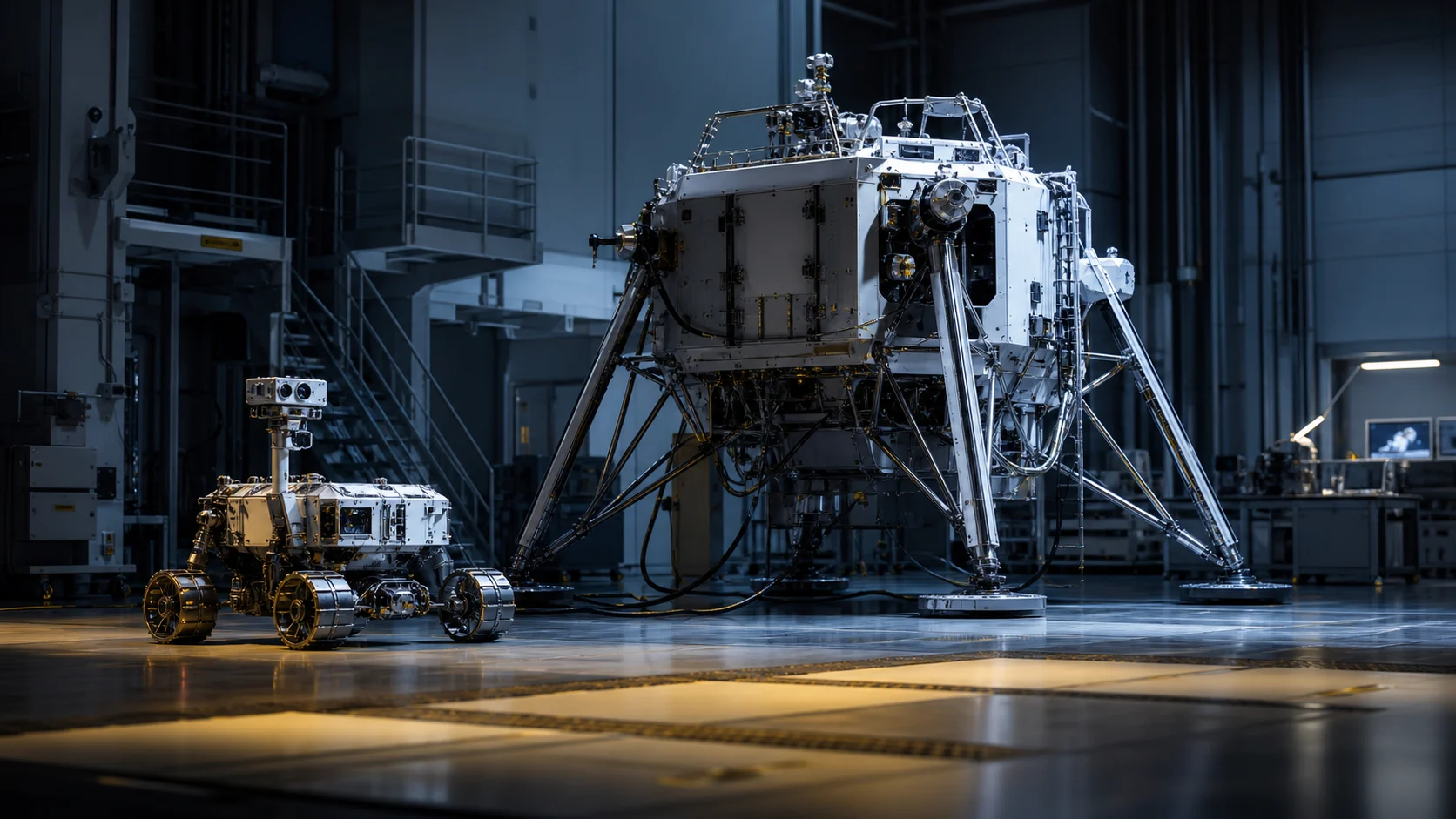 Conceptual illustration of an unbranded robotic lunar lander and compact rover in a test hall.