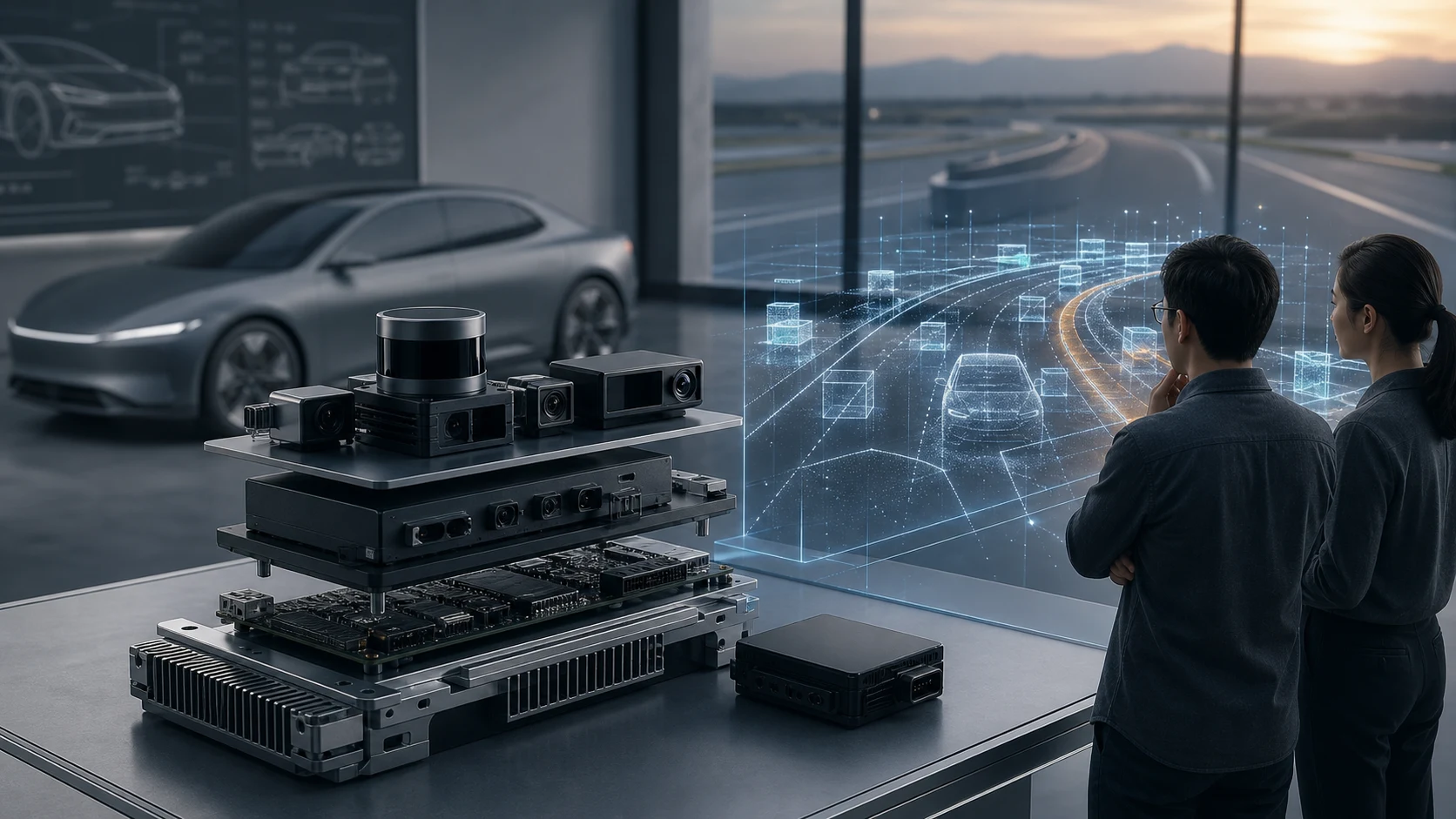 Generic vehicle sensor-and-compute stack beside an abstract road-scene visualization in an automotive development studio