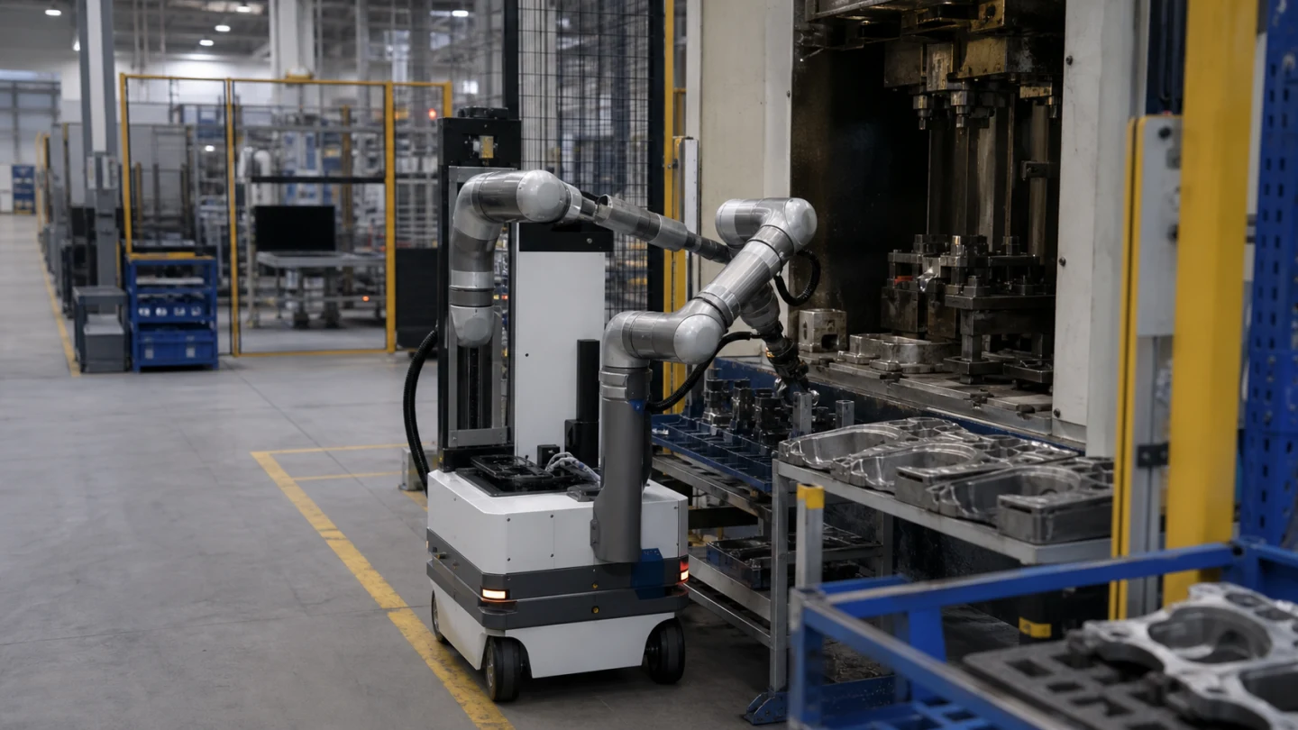 Editorial illustration of a generic wheeled dual-arm robot tending machinery on an automotive component factory floor