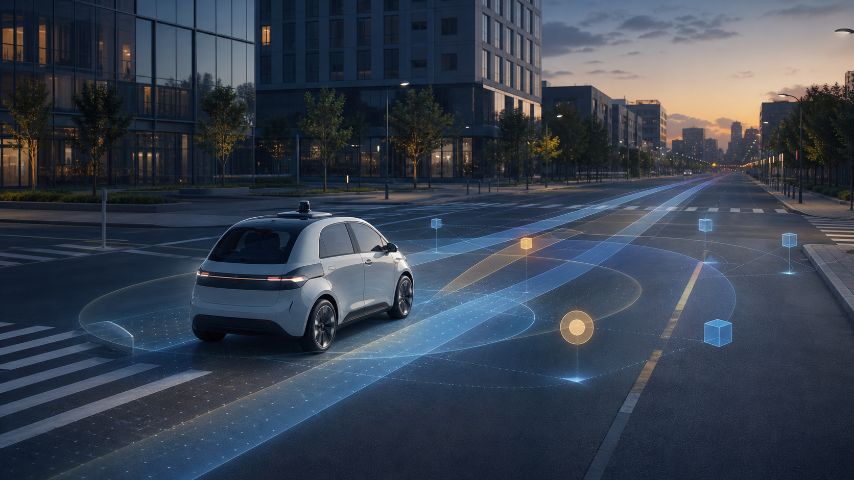 Editorial illustration of a generic driverless vehicle moving through an urban intersection with translucent data lanes and safety markers