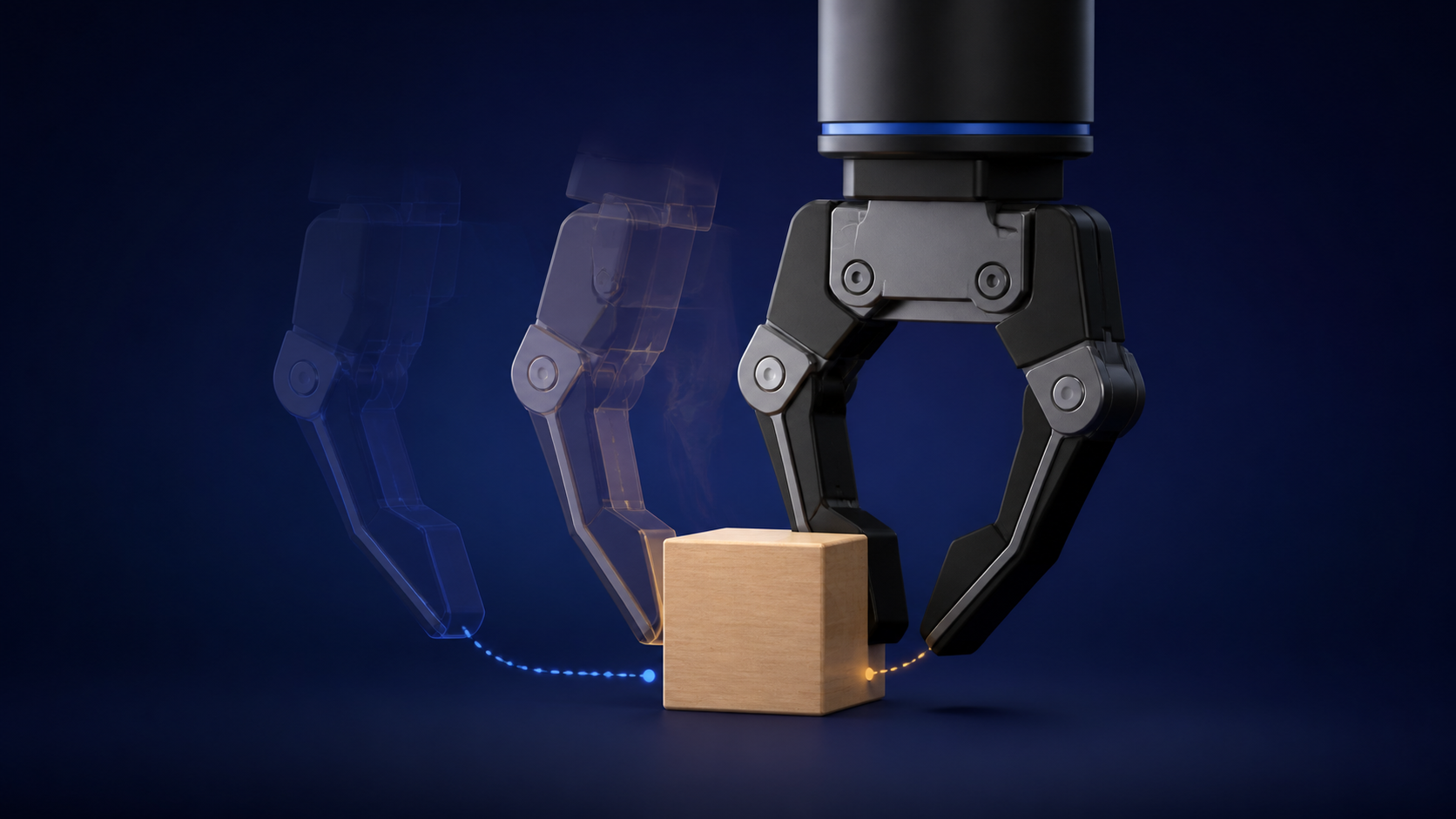 Conceptual robot gripper approaching a wooden cube with translucent alternative motion paths.