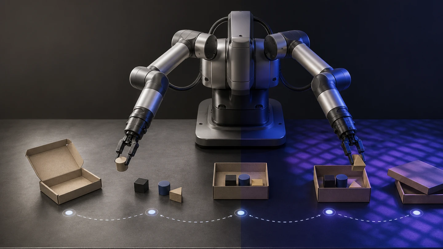 Conceptual illustration of a two-arm robot advancing through several packing milestones under neutral and patterned lighting
