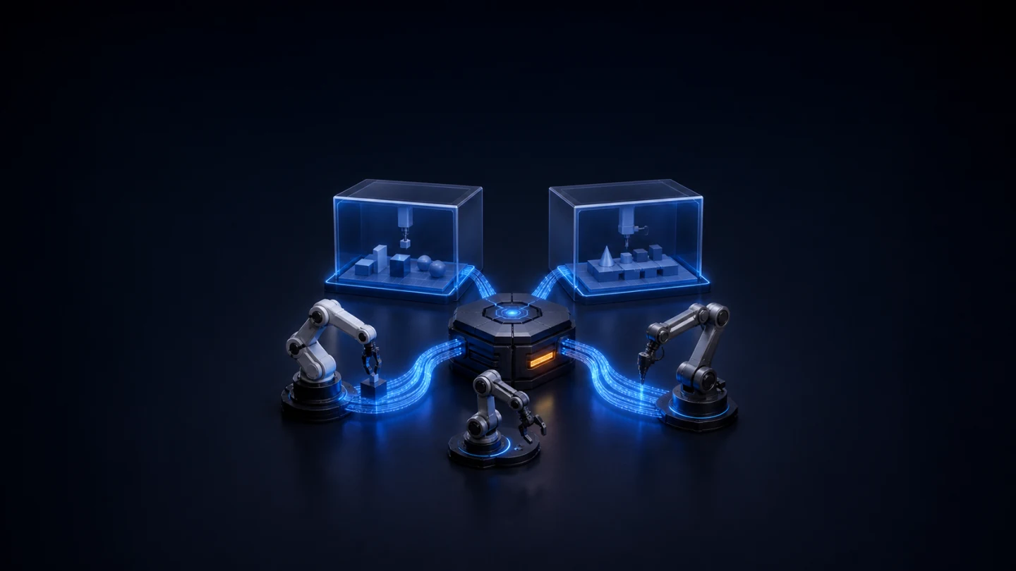 Three generic robot arms connect through a central compute hub to two abstract evaluation cells.