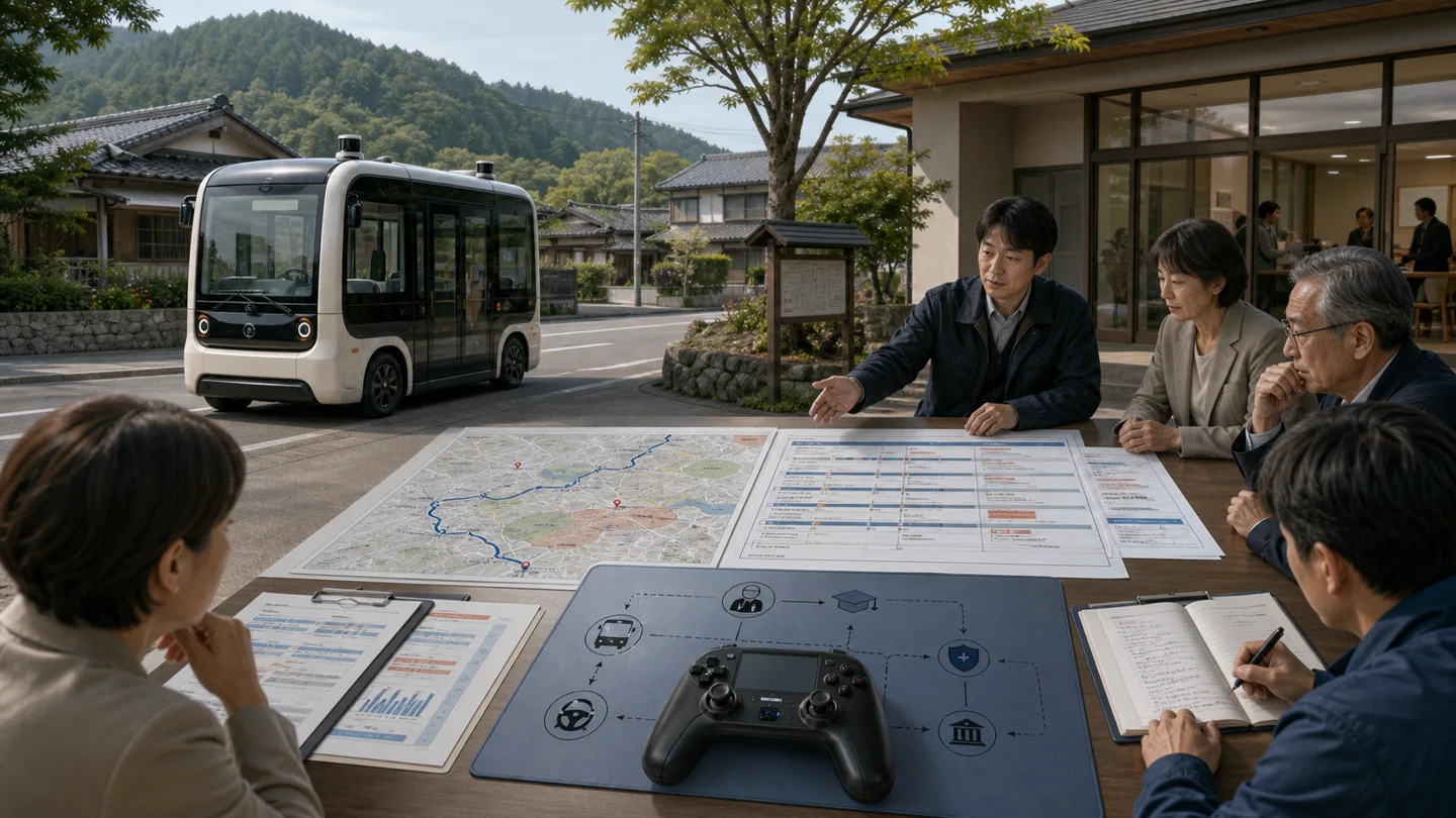 AI-generated illustration of a stationary autonomous shuttle beside a Japanese village committee reviewing route maps, operating records and a manual controller