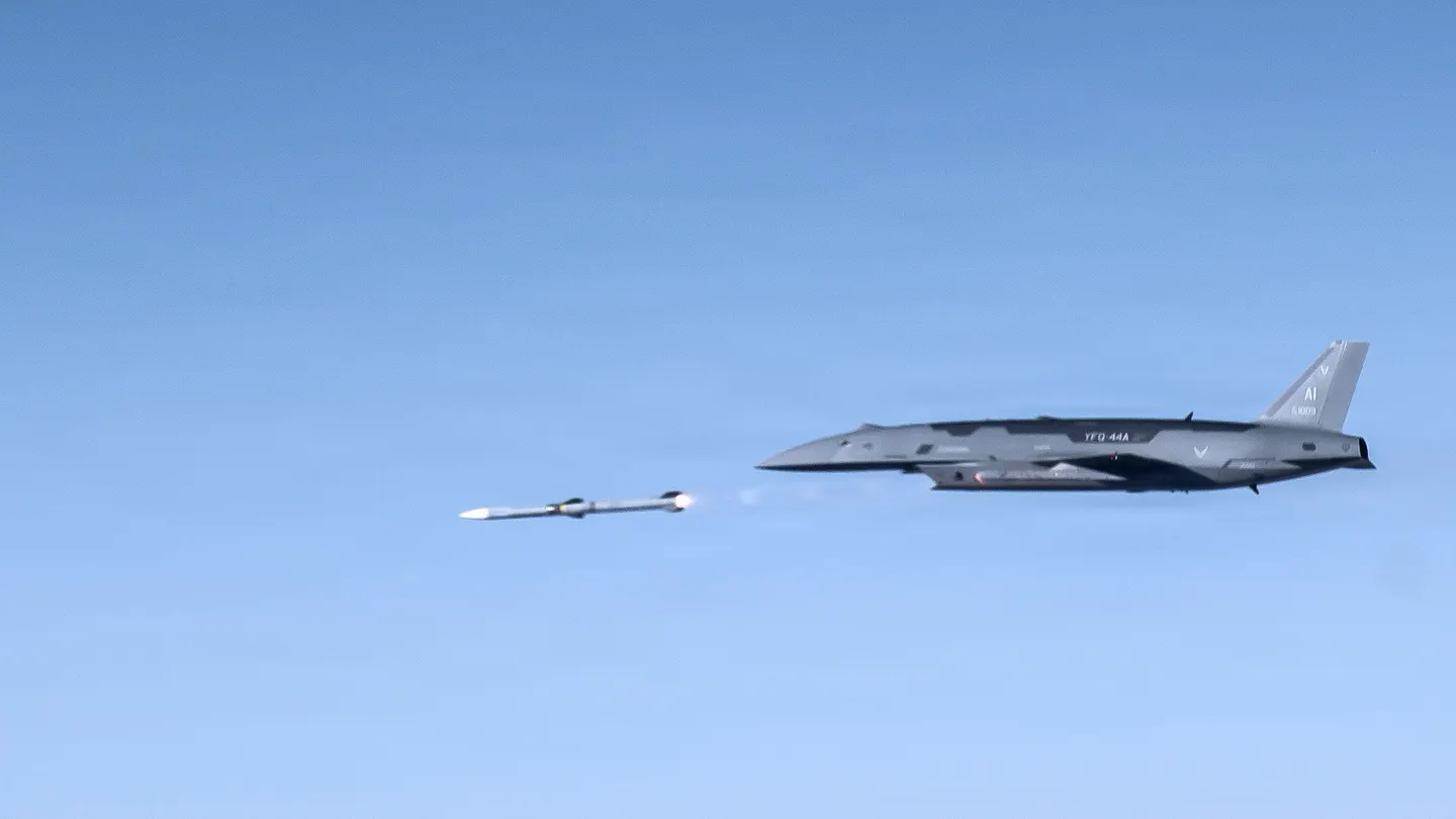 U.S. Air Force YFQ-44A aircraft releasing an AIM-120 test weapon over the Mojave Desert