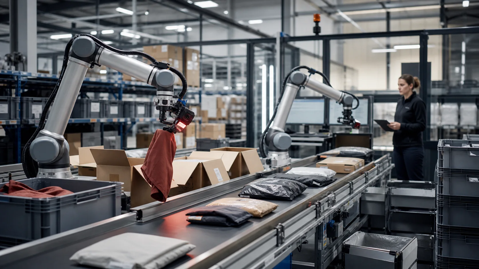 Editorial illustration of two robotic arms sorting unbranded apparel returns on a warehouse conveyor while an operator watches