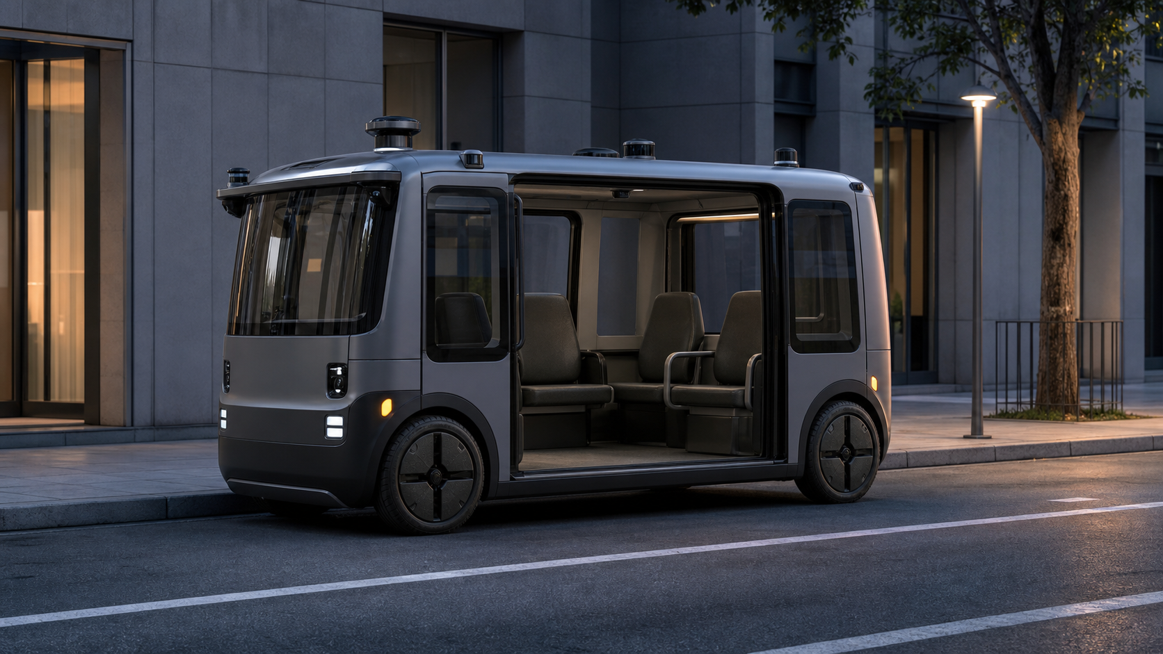 A wheel-free electric robotaxi with four inward-facing seats waits at a city curb