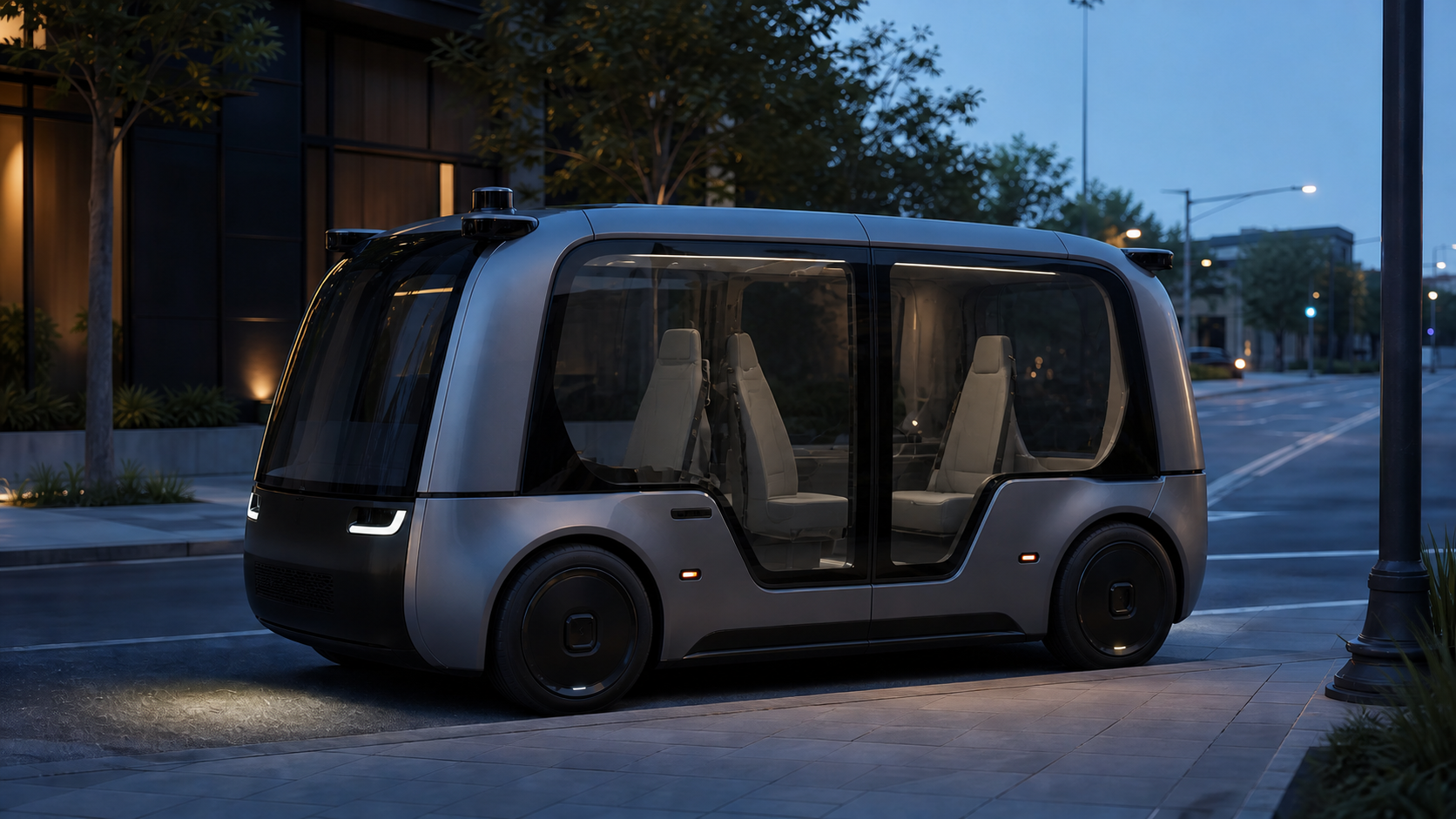 A generic wheel-free electric robotaxi with four inward-facing seats waits at an urban curb at dusk