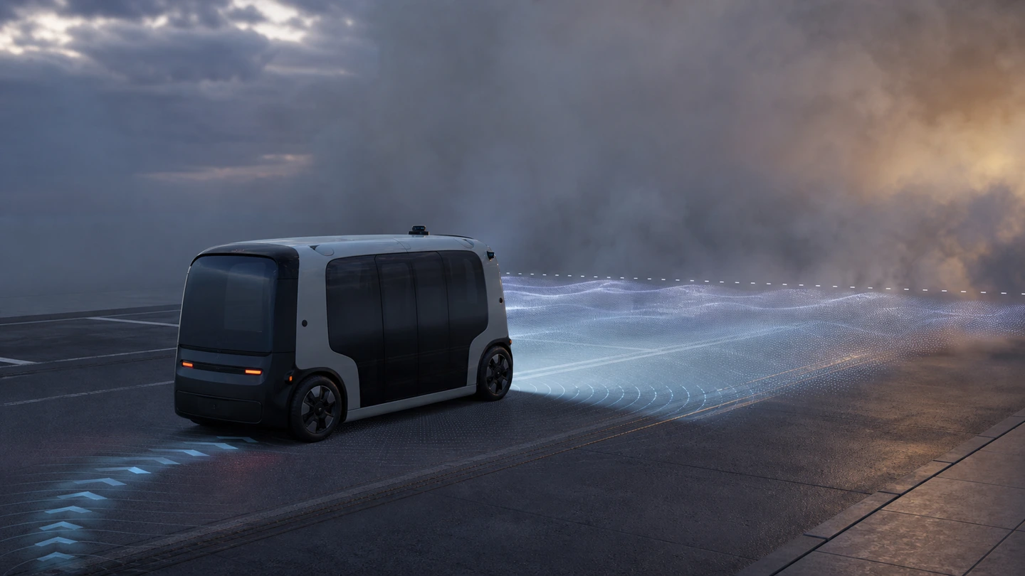 Conceptual illustration of a generic autonomous shuttle stopped before a dense smoke boundary on an empty road